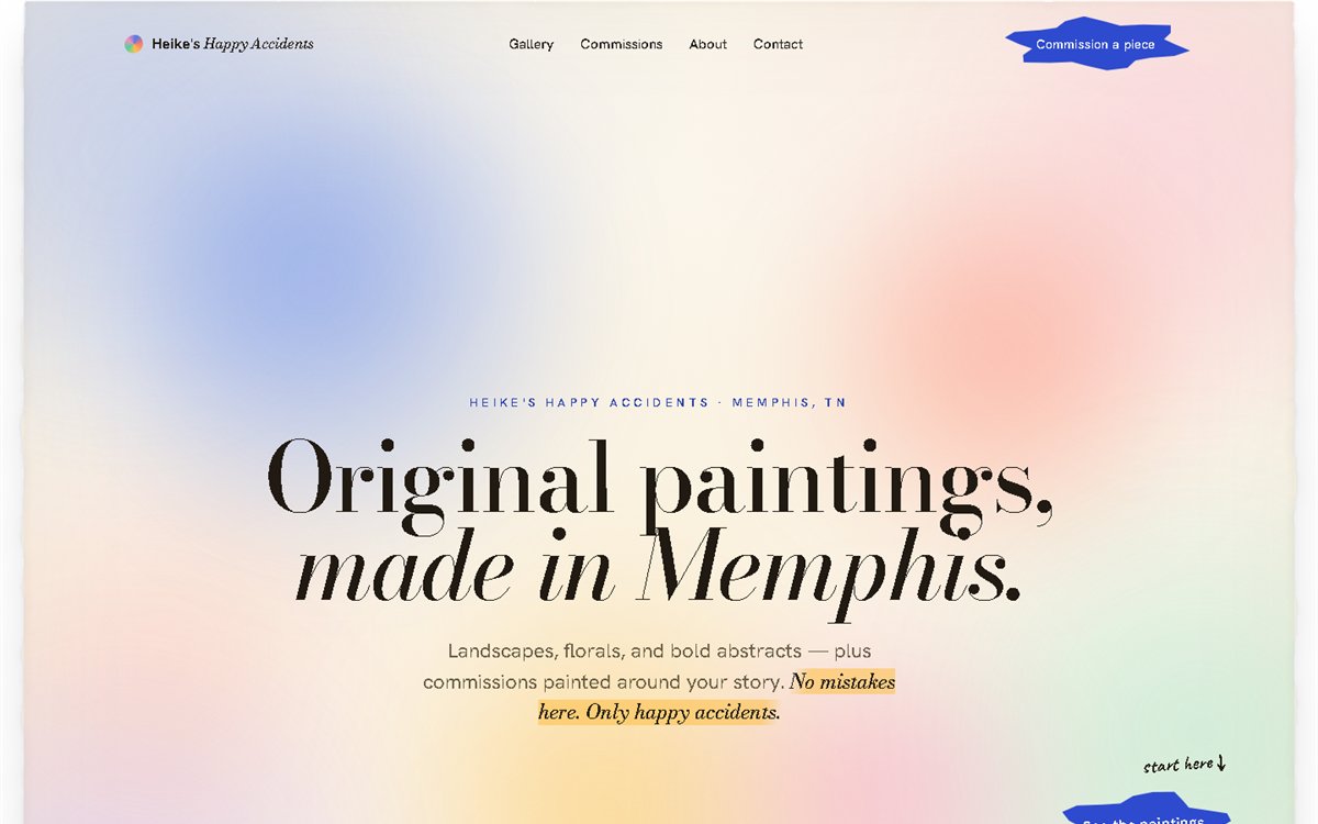 The Heike's Happy Accidents homepage — a soft, colourful gallery site for a Memphis painter, built by Willies Websites